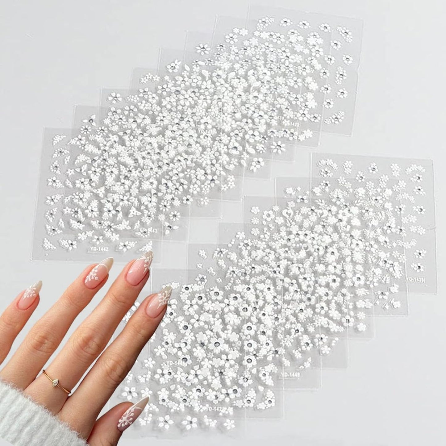 30 Sheets White Flower Nail Art Stickers, 3D Self Adhesive White Flower Nail Sticker Design Holographic Small Floral with Rhinestones Nail Art Decals Nail Supplies for Women Girls Manicure Decoration-Velvo Beauty