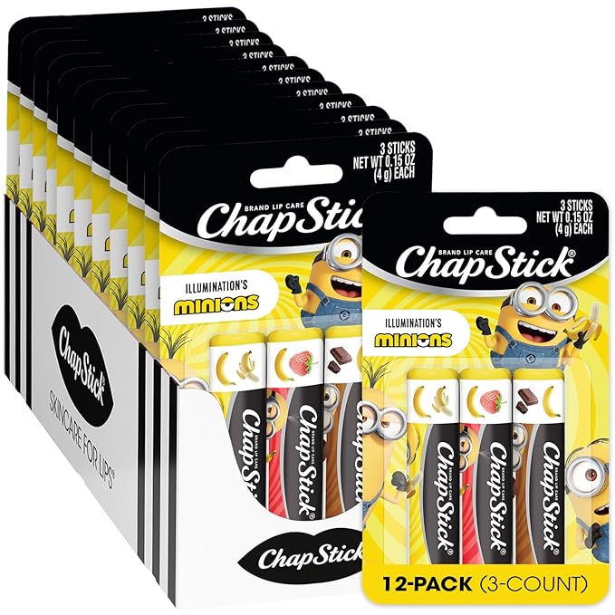 ChapStick Bulk Lip Balm Sets, Minions, 12 Banana Variety 3-Packs (36 Sticks Total), Party Favors for Kids, 0.15 Oz Ea-Velvo Beauty
