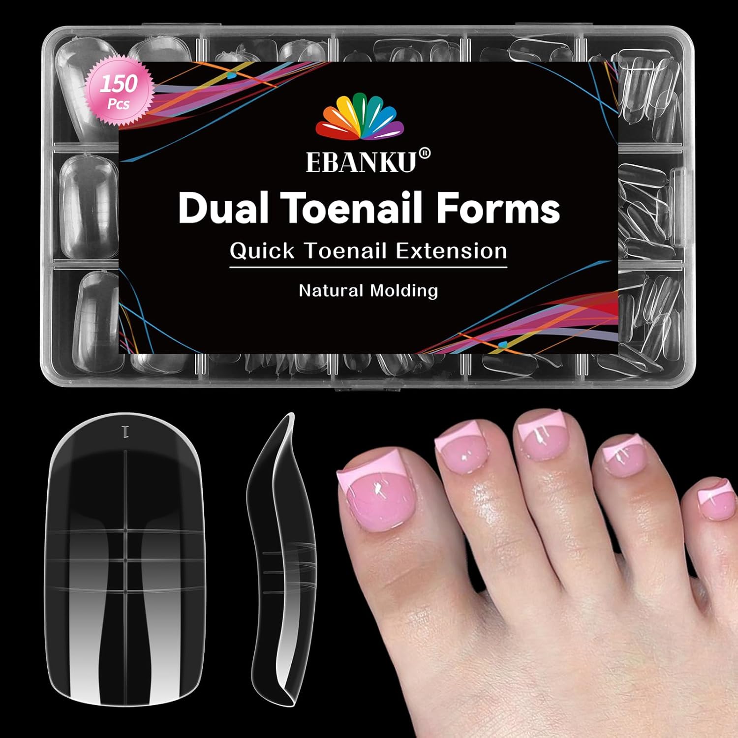 EBANKU Toe Dual Forms for Poly Gel, 150PCS French Nail Forms for Toes, Clear Poly Gel Toenails Molds for DIY Pedi Toenail Extension Kit for Salon-Quality Manicures at Home, 15 Sizes-Velvo Beauty