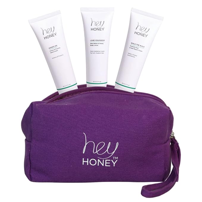 Hey Honey 4pc Set: Love Your Body Lotion, Walk The Walk Foot Cream, Hands On Honey Hand Cream, Eco Makeup Bag. Perfect for Valentine's, Xmas, Birthdays-Velvo Beauty