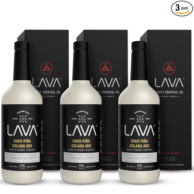 (3 Pack) LAVA Premium Coco Pina Colada Made with Cream of Coconut and Real Pineapple, No Artificial Sweeteners or Flavors, 1-Liter (33.8oz) Glass Bottle.-Velvo Beauty