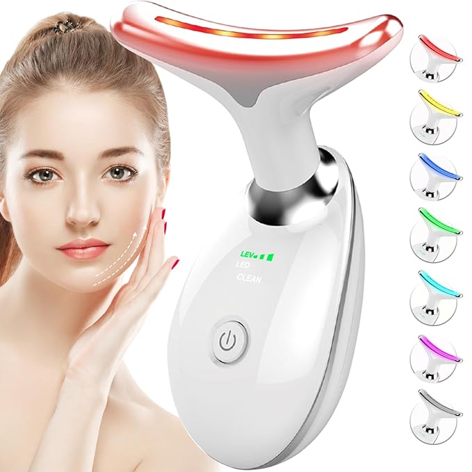 Red-Light-Therapy-for-Face-and-Neck, 7 Color Face Massager Tool for Wrinkles, Double Chin, Vibrating Facial Massager with Thermals for Skin Care, Glossy White-Velvo Beauty