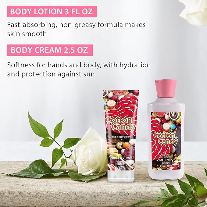 Cotton Candy Bath & Body Kit, 3 Fl Oz, Ideal Skincare Gift Home Spa Set, Includes Body Lotion, Shower Gel, Body Cream, and Fragrance Mist, Birthday Mother's Day Gifts-Velvo Beauty