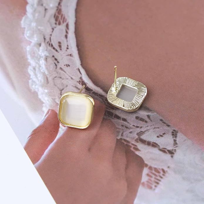 Vintage Square Opal Earrings Opal Square Stud Earrings Moonstone Stud Earrings Geometric Square Earrings Jewelry for Women-Velvo Beauty