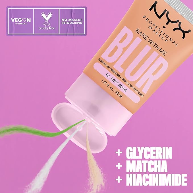 NYX PROFESSIONAL MAKEUP Bare With Me Blur Skin Tint Foundation Make Up with Matcha, Glycerin & Niacinamide - Soft Beige-Velvo Beauty