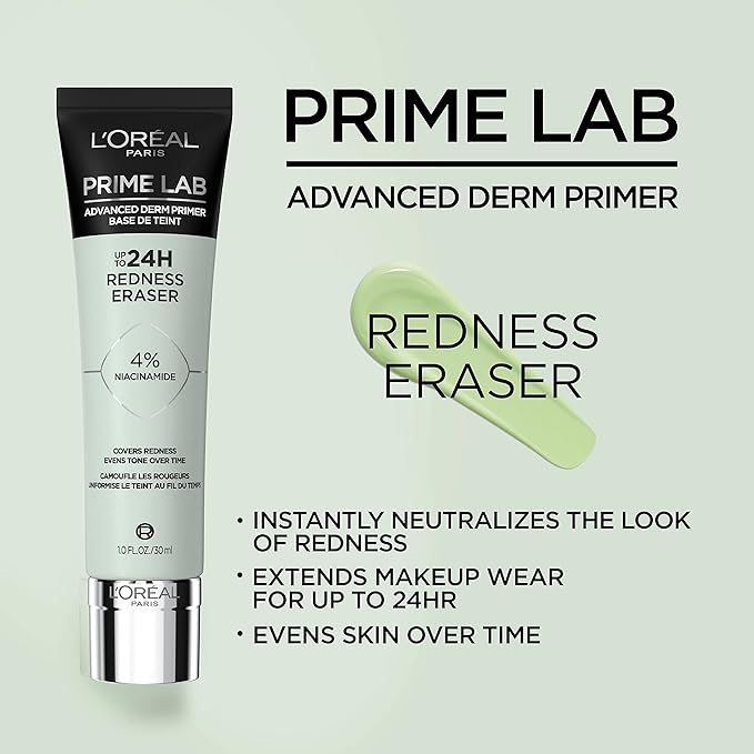 L'Oreal Paris Prime Lab Up to 24H Redness Eraser Face Primer Infused with Niacinamide to Reduce Face Redness and Extend Makeup Wear, 1.01 Fl Oz-Velvo Beauty