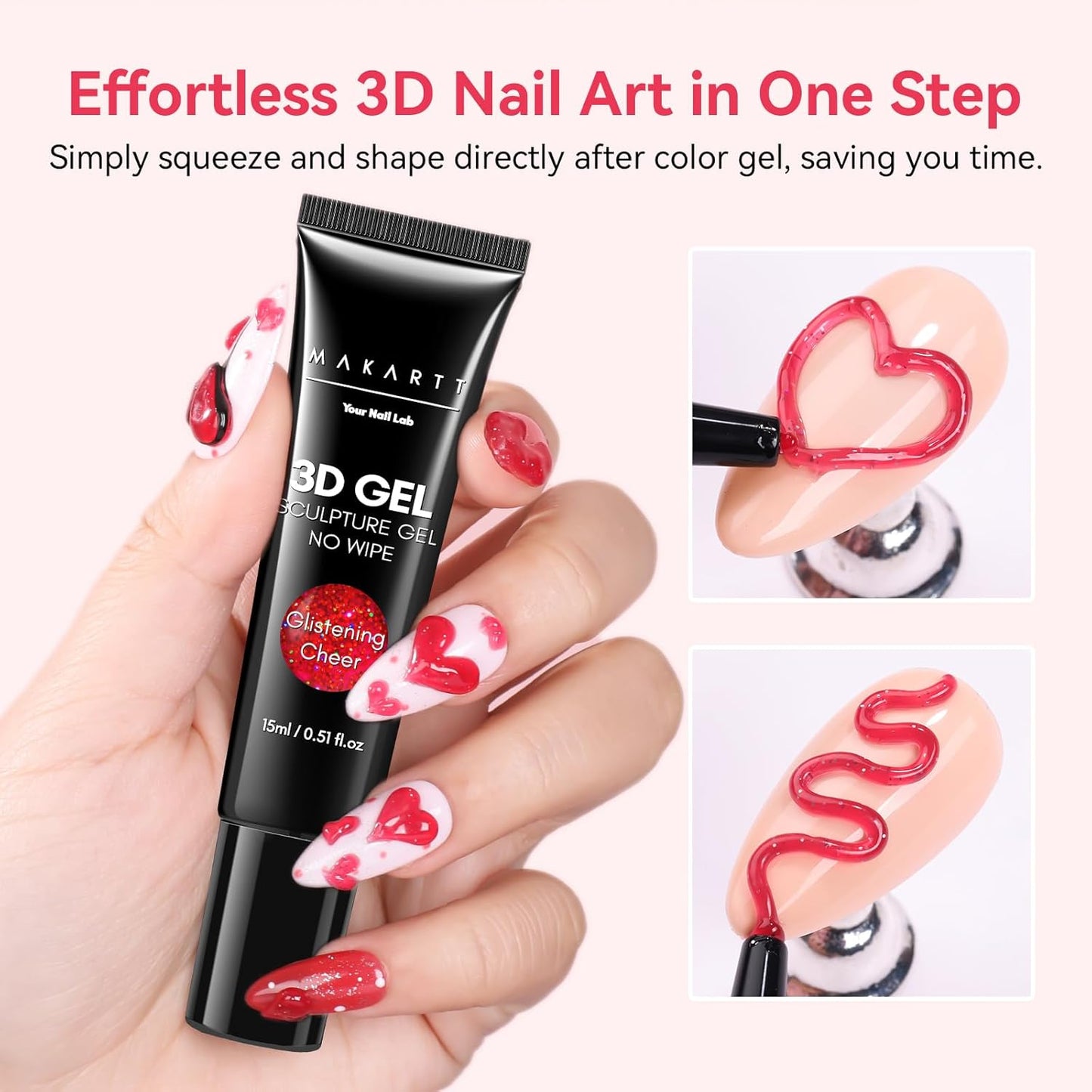 Makartt 3D Gel Nail Art: 3D Sculpting Gel for Nail Art Design 15ml 3 in 1 No Wipe Gel Polish for Drawing Carving Nails Gel, Molding Embossed Gels for Nail Decoration DIY Manicure - Glistening Cheer-Velvo Beauty