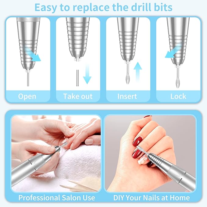 Portable Nail Drill Professional, 35000 RPM Rechargeable Electric Nail File Machine E File for Acrylic Nails Gel Polishing Removing, Cordless E-file with Bits Kit for Manicure Salon Home,Blue-Velvo Beauty