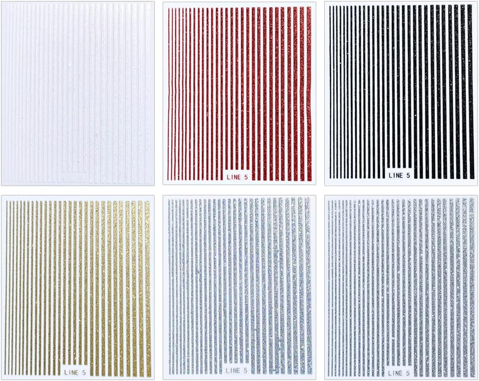 3D Glitter Lines Nail Stickers Holographic Nail Art Stickers Metal Stripe Nail Decals Self Adhesive Geometric Strip Line Nails Stickers Women DIY Nail Supplies,6 Colors/Set-Velvo Beauty