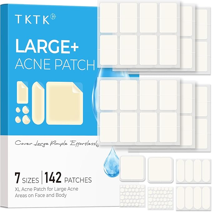 Large Acne Patches for Face, 7 Sizes Big Pimple Patches, XL Hydrocolloid Bandages for Body, Chin, Forehead, Nose, Back Blemish Zit Breakouts, Hydrocolloid Patch (Square, Strip, Dot 142 Count)-Velvo Beauty