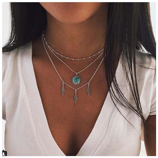 Boho Layered Feather Choker Necklace Turquoise Pendant Necklace Chain Vintage Crystal Paved Sun Necklace Silver Sunflower Necklace Jewelry for Women and Girls-Velvo Beauty