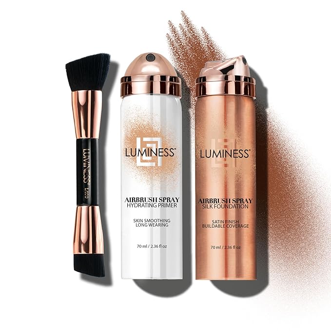 LUMINESS Airbrush Spray Silk Foundation Starter Kit - Light Rich - Foundation, Primer & Dual-Sided Angled Buffing Brush - Medium, Buildable Coverage, Anti-Aging Formula Hydrates & Moisturizes-Velvo Beauty