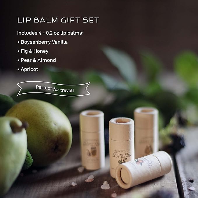 Farmstead Apothecary Lip Balm Gift Set with Pouch - Reusable Pouch Includes 4 -.2 oz Lip Balms - Boysenberry Vanilla, Fig & Honey, Pear & Almond , Apricot ,1 each. 100 % Natural, 99% Organic-Velvo Beauty