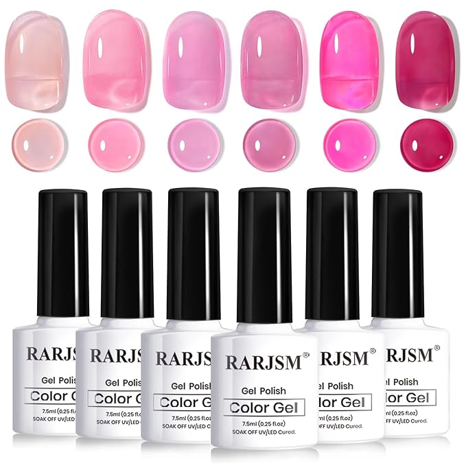 RARJSM Nude Pink Jelly Gel Nail Polish Set 6pcs Clear Crytal Stained Glass Purple Pink Series Transparent Sheer Amber Milky Gel Varnish LED UV Curing Requires Soak off French Manicure Home Salon-Velvo Beauty