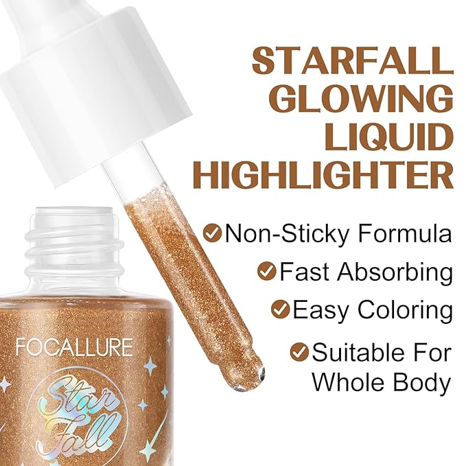 FOCALLURE Starfall Glowing Liquid Highlighter, Shimmering Body Oil, Non-Sticky Shimmer Liquid Luminizer, Non-Greasy, Face & Body Glitter Makeup for Costumes, Cosplay, Rave Festival, BRONZE CRAZE-Velvo Beauty