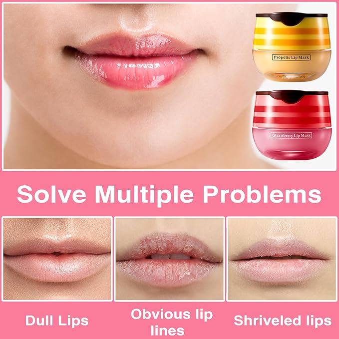 Lip Balm Honey Pot, Honey & Strawberry Lip Mask Propolis Moisturizing Lip Balm with Stick, Hydrating & Prevent Dry and Cracked Lip(2 Pcs)-Velvo Beauty