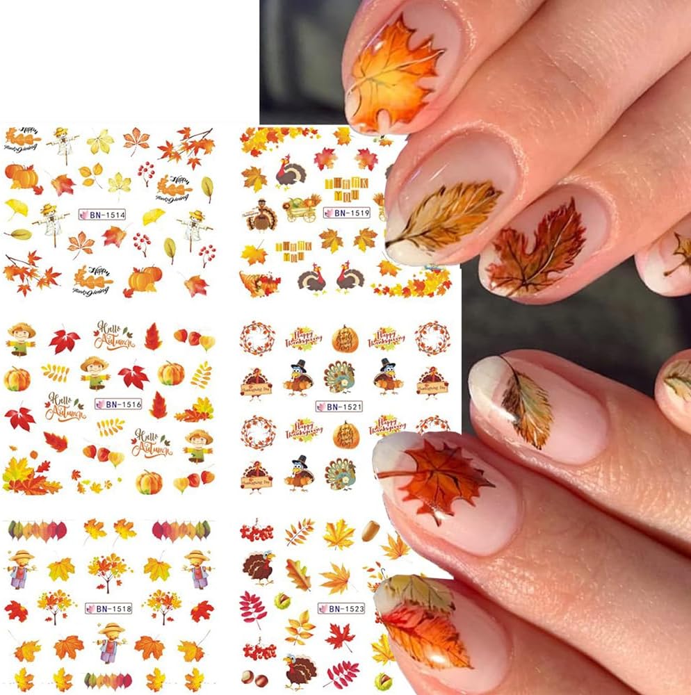12 Sheets Fall Maple Leaf Nail Art Stickers Autumn Water Transfer Nail Decals Thanksgiving Day Nail Art Supplies Turkey Pumpkin Leaves Scarecrow Nail Design Slider Stickers for Women Nail Decorations-Velvo Beauty