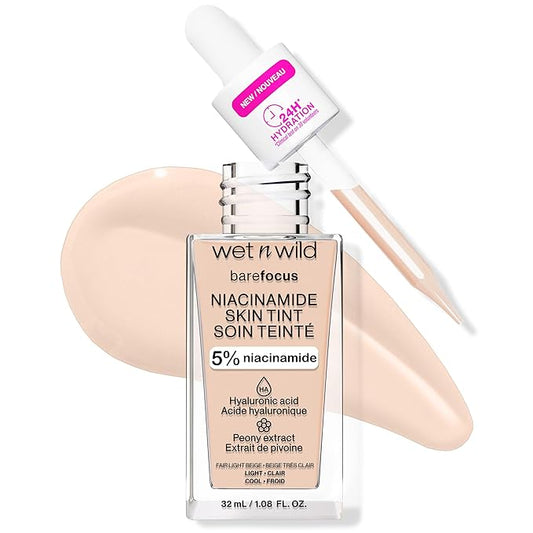 wet n wild Bare Focus Skin Tint, 5% Niacinamide Enriched,Buildable Sheer Lightweight Coverage,Natural Radiant Finish,Hyaluronic & Vitamin Hydration Boost,Cruelty-Free & Vegan-Fair Light Beige-Velvo Beauty