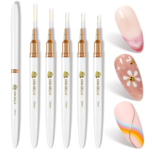 UNA GELLA Nail Art Brushes Metallic, Liner Pens Set For Nail Art Gel Polish, 5Pcs White Color, Detail Nail Art Design Painting Brush Set For Nails Gel Fine Drawing Nail Tools, Sizes 7/9/11/15/25mm-Velvo Beauty