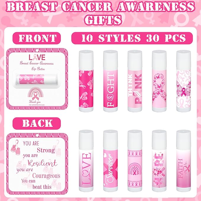 30 Pack Breast Cancer Awareness Favors Bulk Lip Balms Gifts Pink Ribbon Lip Balms Favors Breast Cancer Awareness Month Accessories Support Party Items Decorations for Women Men Survivors-Velvo Beauty