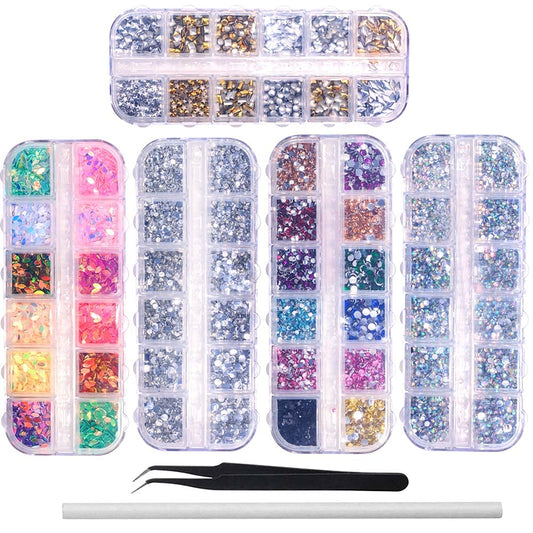 6400pcs Nail Art Rhinestones, Nail Crystal Gems Nail Diamonds, Gold Silver Nail Studs Colorful Nail Sequins & Rhinestones for Nails Kit with Tweezers and Wax Pen for Nail Art Supplies Accessories-Velvo Beauty