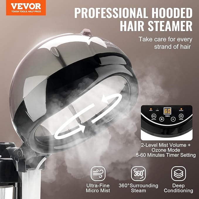 VEVOR Professional Hair Steamer for Deep Conditioning, 11.81-inch Hooded Ionic Hair Steamer with 2 Modes, Height-Adjustable Standing Hair Steamer with Timer, 5 Wheels (2 Lockable) for Salon Home Spa-Velvo Beauty