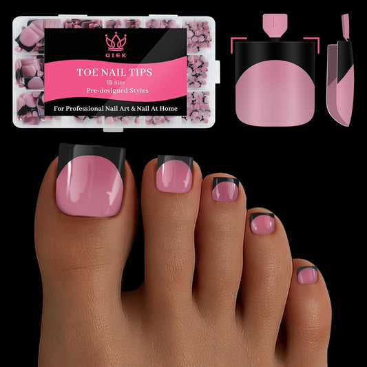Toenail Press Ons French Tip, Berry Pink Black Elegant False Toe Nail Extension 15 Sizes 270 Pcs Sharp Square Acrylic Tips Pre-applied Nail Primer & Base Coat Full Cover for DIY Home 2025 Summer-Velvo Beauty
