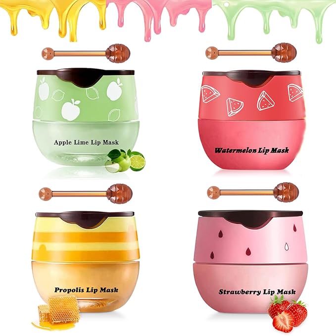 4PCS Bee Lip Balm Honey Pot,Honey Apple Lime Watermelon Lip Mask Overnight Propolis Moisturizing Lip Balm,Nourishing Sleeping Lip Mask Hydrating Prevention Dry & Cracked (4PCS)-Velvo Beauty