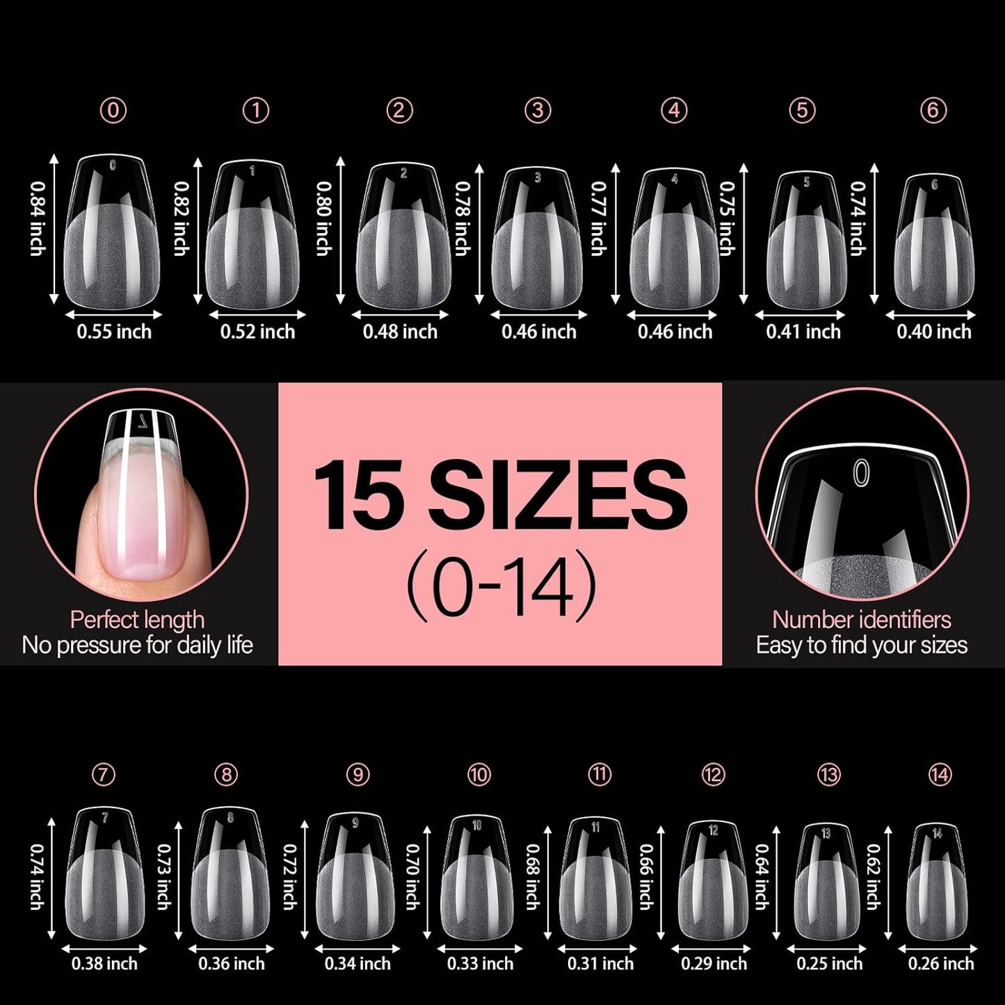 AILLSA Medium Coffin Nail Tips 240Pcs Soft Fake Nail Gel Tips Pre-Shaped Acrylic Nail Tips, Half Matte Full Cover Clear Tips False Press on for Extension Manicure Home DIY 15 Sizes Gelly Tips-Velvo Beauty