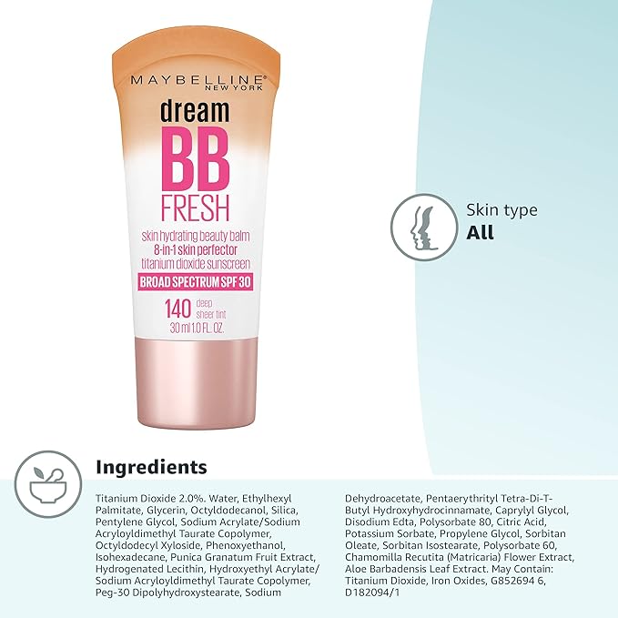 Maybelline Dream Fresh Skin Hydrating BB Cream, 8-in-1 Skin Perfecting Beauty Balm With Broad Spectrum Spf 30, Sheer Tint Coverage, Oil-Free, Deep, 1 Fl Oz-Velvo Beauty