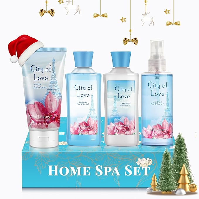 Bath & Body Kit - Body Lotion, Shower Gel, Body Cream, and Fragrance Mist, 3 Fl Oz each, in City of Love, Ideal Skincare Gift Home Spa Set for luxurious indulgence-Velvo Beauty