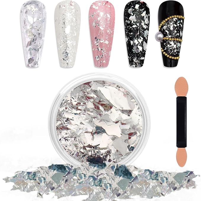 Laza Silver White Pearlescent Nail Flakes Glitter Irregular Opal Nail Foil Flakes Chunky Confetti Moonlight Chrome Sequins Aurora Fairy Dust for Mermaid Nails Design, Nail Decorations for Nail Art-Velvo Beauty