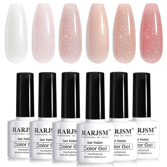 RARJSM Glitter Nude Gel Nail Polish 6pcs Set Shimmery Nail Gel Polish Iridescent Sparkly Gold Rainbow Pigment Jelly Sheer Pink Milky Silver White Translucent Natural Skin Tone Color 7.5ml Soak off-Velvo Beauty