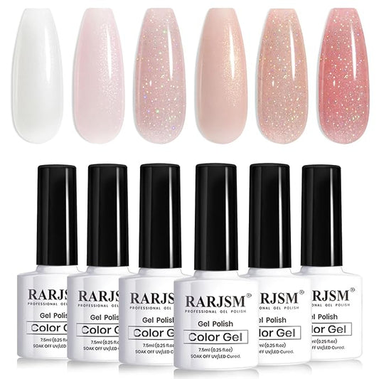 RARJSM Glitter Nude Gel Nail Polish 6pcs Set Shimmery Nail Gel Polish Iridescent Sparkly Gold Rainbow Pigment Jelly Sheer Pink Milky Silver White Translucent Natural Skin Tone Color 7.5ml Soak off-Velvo Beauty