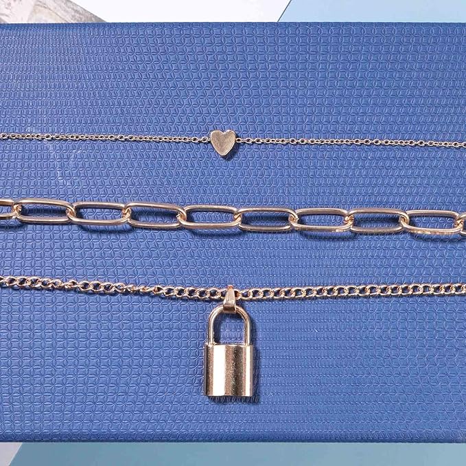 Punk Layered Heart Choker Necklace Gold Lock Pendant Necklace Chunky Paper Clip Chain Necklace Vintage Statement Necklace Chain Jewelry for Women and Girls Gift-Velvo Beauty
