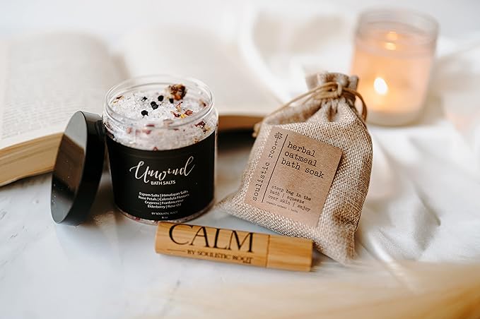 Relaxing Bath Gift Set, Luxury Spa Gifts for Women, Self Care Products for Women and Men, Calm Essential Oil Roller, Oatmeal Lavender Bath Soak & Epsom Salts with Essential Oils-Velvo Beauty