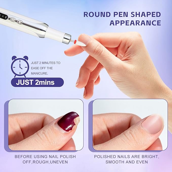 Electric Nail Drill File Cordless,Portable Rechargeable Nail File Kit for Acrylic & Gel Nails,Professional Efile for Manicure Pedicure Polishing,with 12 Nail Drill Bits 31 Sanding Bands,White-Velvo Beauty