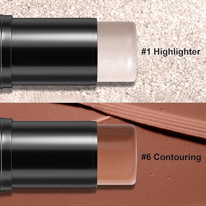 2Pcs Cream Contour Stick Makeup Kit, Cream Highlighter Stick and Bronzer Contour Stick with Longwear Waterproof Formula for Brightening and Trimming the Cheeks, Makeup Brush Include (#01, 06)-Velvo Beauty