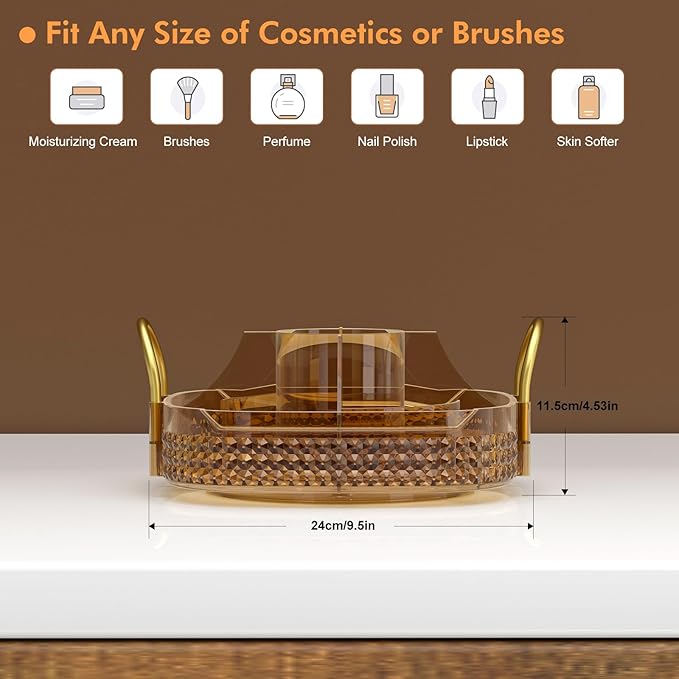 Awenia Rotating Makeup Organizer 360, Stackable Adjustable Large Capacity Cosmetic Storage Unit,Dresser Bathroom Kitchen Countertop Organizer with Metal Handle, Plus Size (Honorable Gold, 1 Tier)-Velvo Beauty