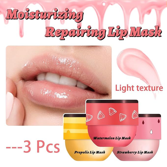 3 PCS Bee Lip Balm Honey Pot, Honey & Strawberry & Watermelon Lip Mask Overnight Propolis Moisturizing Lip Balm Hydrating Prevention Dry and Crack Lip Scrubs Exfoliator Lip Wrinkle Care (Set B)-Velvo Beauty