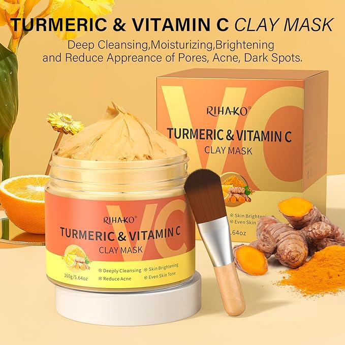 Turmeric Vitamin C Clay Mask -Turmeric Facial Mask - Brightening Clay Face Mask Skincare, Deep Cleansing Face Mask, Acne Face Mask for for Dark Spots, Dull Skin, Refining Pores and Controlling Oil-Velvo Beauty