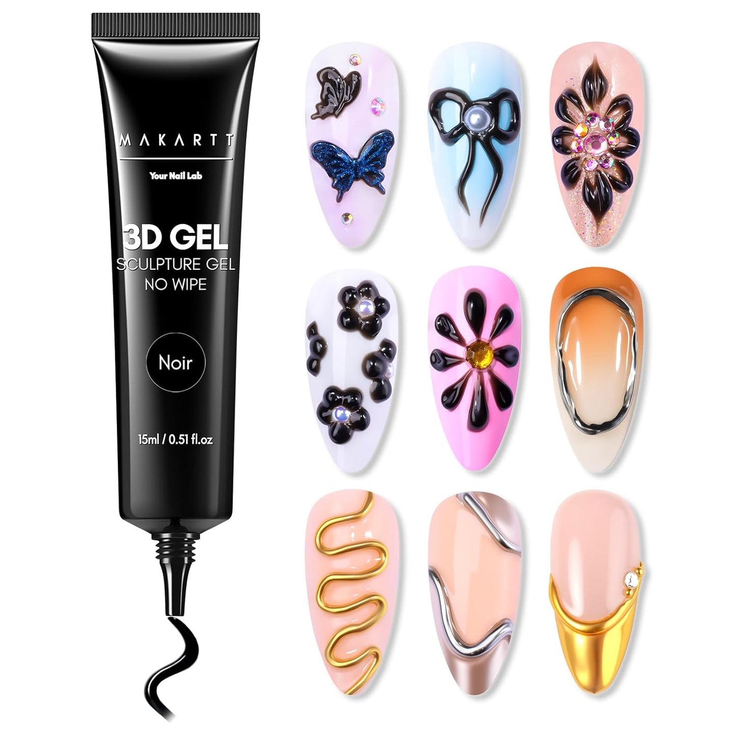 Makartt 3D Gel Nail Art: 15g Sculpting Gel Nail Art Glue for Craving Black Candy Molding Gel No Wipe Embossed Gel Polish Rhinestone Nails Charm Glue Decoration Manicure Designs (Noir)-Velvo Beauty