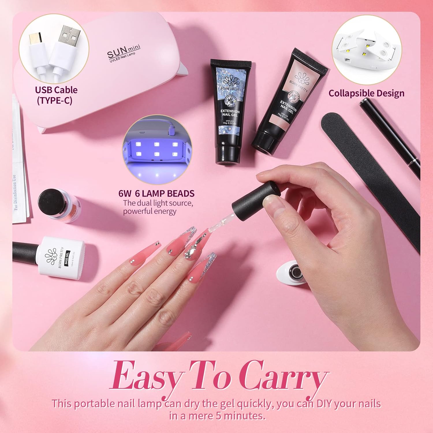 BORN PRETTY Poly Nail Extension Gel Kit-6 Colors Poly Nails Gel Kit Nude Clear Jelly Pink All In One Kit Builder Glue Gel with Nail Lamp Base Top Coat Set Nail Forms French Manicure Set for Beginner Starter DIY at Home Mother's Day Gifts-Velvo Beauty