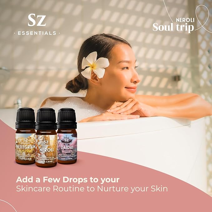 Neroli Soul Trip Essential Oils Collection- Neroli + Petitgrain Sur Fleurs + Dai Dai Blossom -Set of 3 Bottles (0.17 Fl Oz- 5ml each)- 100% Pure & Undiluted - Therapeutic Grade & Vegan-Velvo Beauty