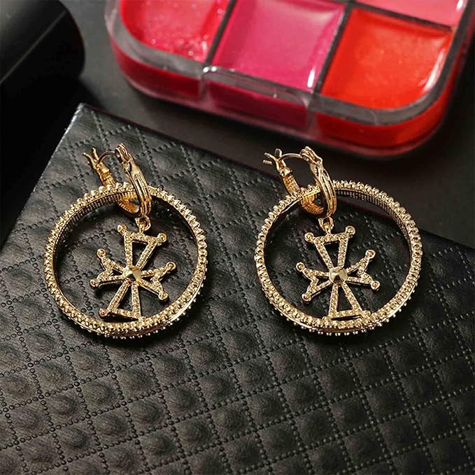 Punk Circle Cross Earrings Gold Circle Drop Dangle Earrings Brass Geometric Earrings Modern Chunky Drops Earrings Jewelry for Women and Girls Gifts-Velvo Beauty