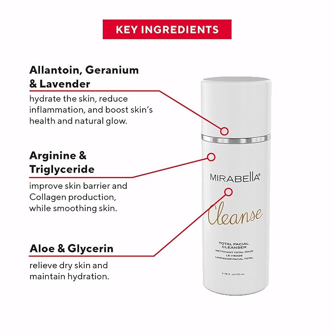 Mirabella Cleanse Total Facial Cleanser - Hydrating Gentle Cream Cleanser for All Skin Types - Face Cleanser & Makeup Remover - Face wash for Sensitive Skin & Oily Skin Formula-Velvo Beauty