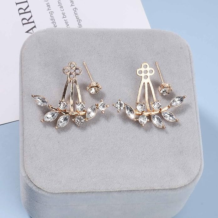 Boho Crystal Leaf Ear Jackets Earrings Gold Cz Crystal Earrings Rhinestone Front Back Studs Earrings Minimalist Earrings Jewelry for Women and Girls Gifts-Velvo Beauty