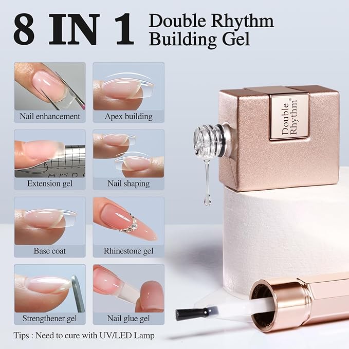 Double Rhythm 0.5Oz Nail Strengthener Rubber Gel Nail Polish 15ml Clear Builder in a Bottle Nail Thickening Extension Hard Structure Gel Glue (Clear 8 in 1-1)-Velvo Beauty