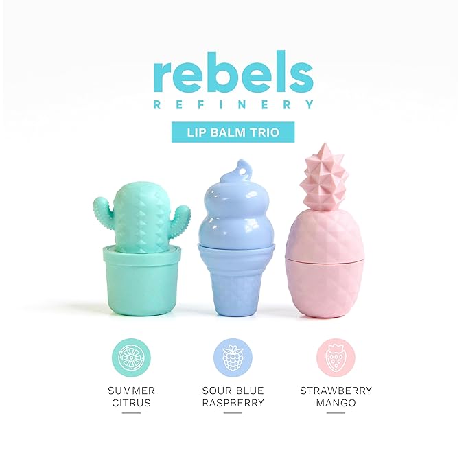 Rebels Refinery Mixed Lip Balm Trio - 100% Natural & Organic All-Day Moisture Care - Summer Citrus, Sour Blue Raspberry, Strawberry Mango Flavors-Velvo Beauty