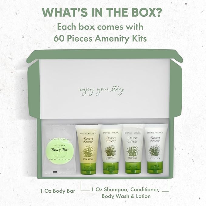 Dessert Breeze Amenity Kit | Boxed Hotel Toiletries | Bulk Set 1oz Travel Size Shampoo, Conditioner, Lotion, Body Wash & Body Bar Soap for Guest Hospitality AirBnB/Vacation Rentals | 60 sets per case-Velvo Beauty